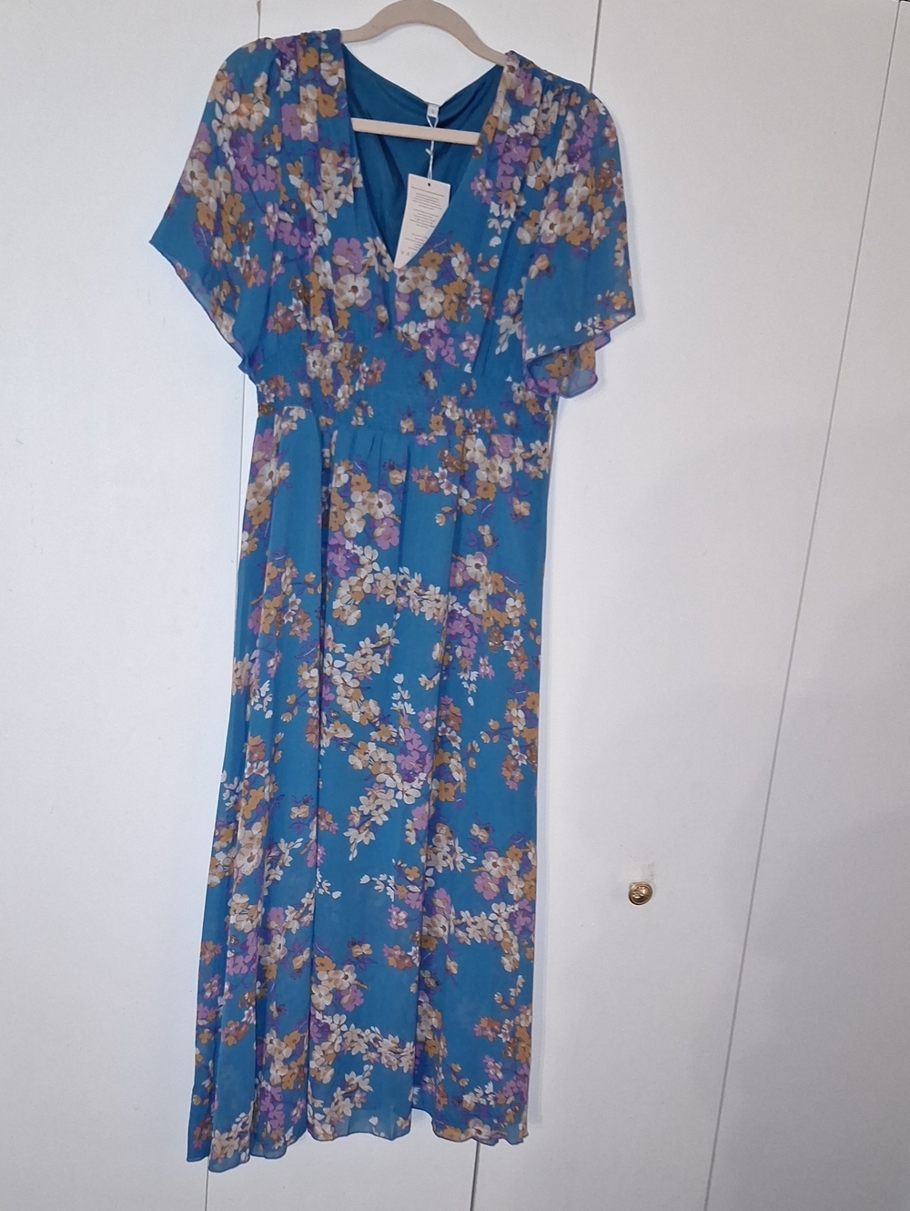 Teal Blue Floral V-Neck Maxi Dress